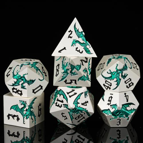 Sharp Edge Metallic DND Dragon Dice Set,Metal Polyhedral Dice with Dragon for Dungeons and Dragons RPG TTRPG D&D 7-Die Set with Gift Case Pearl Silver Transparent Green - color: Dragon-pearl Silver Transparent Green