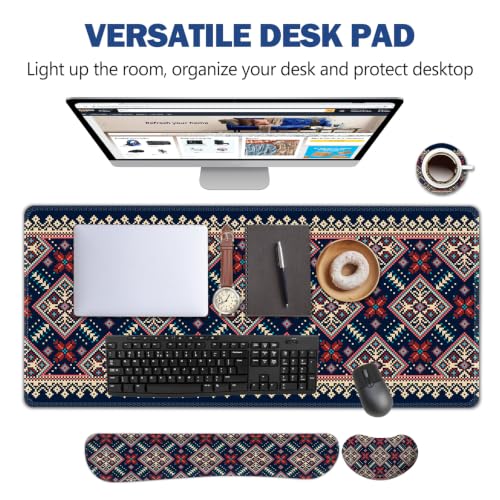 AIMSA Desk Mat Set Bohemian, Large Mouse Pad + Mouse Wrist Rest + Keyboard Wrist Support + Coaster, Navy Blue Gaming Mouse Pad Combo for Home Office - color: Bohemian Navy Blue