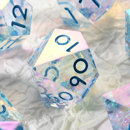 Iridescent Plating Sharp Resin Dice, DNDND 7PCS Handmade DND Sharp Edge Dice with Gorgeous Gift Case for Dungeons and Dragon Tabletop Games (Iridescent Plating Transparent) - color: Iridescent Transparent