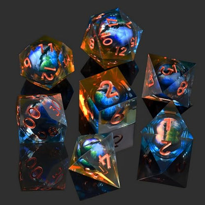 Dragon Eye DND Dice Set, 7 Pcs Liquid Core Resin Sharp Edged Polyhedral D&D Dice for Dungeons and Dragons RPG Role Playing Table Games