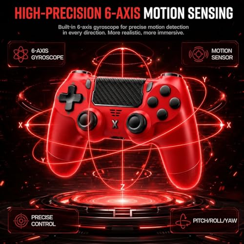BJXOZ Wireless Controller for PS4 Controller, Gamepad with Dual Vibration | 1000mAh, Six-axis Gyroscope Sensor, USB-C Port, Speaker, 3.5mm Headphone Jack, Touchpad, Compatible with PS4/Slim/Pro/PC - color: Red