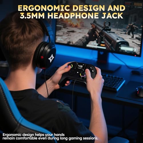 Interactive Screen Wireless Gaming Controller for PC/PS4/Switch/Android/iOS, Gamepad with Phone Clip for Gamers,4 Programmable/Turbo/6-axis Gyro/Dual Vibration/RGB Lighting/Wake-up/Share/Wake-up - color: Black