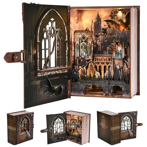 MiniCity Book Nook Kit, DIY Miniature House Kit for Adults, Teens and Beginners, Dollhouse Booknook Library Tiny House Bookshelf Decor (Introduction to Magical Flight) | Open the book-style case to reveal a flight academy; 154-piece LED model includes dus