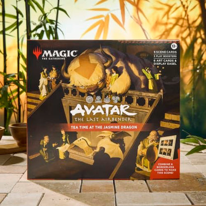 Magic: The Gathering | Avatar: The Last Airbender Scene Box 2 - Tea Time at the Jasmine Dragon | 6 Foil Borderless Scene Cards, 6 Art Cards, 3 Play Boosters + Display Easel