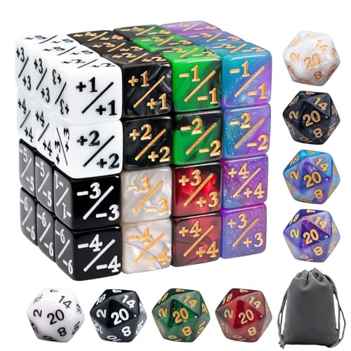 56 PCS MTG Counter Dice Set with D20 for MTG Card Game | 48 PCS Life Counters & 8 PCS D20 in 8 Colors & 1 Grey Velvet Bag