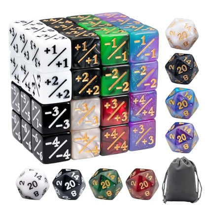 56 PCS MTG Counter Dice Set with D20 for MTG Card Game | 48 PCS Life Counters & 8 PCS D20 in 8 Colors & 1 Grey Velvet Bag