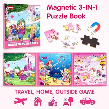 SYNARRY Unicorn Mermaid Princess Magnetic Puzzles for Kids 3-5, Travel Toys | 20-Piece Magnetic Travel Puzzle for Kids Ages 4-6, Car Airplane Road Trip Activities, Quiet Time Toys, Girls Birthday Gifts - style: Princess Mermaid Unicorn