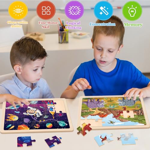 Puzzles for Kids Ages 4-6, 4 Packs 24 Piece Wooden Jigsaw Puzzle for Toddlers 3-5, Preschool Educational Toys Gifts for Boys and Girls - color: Dinosaurs Space