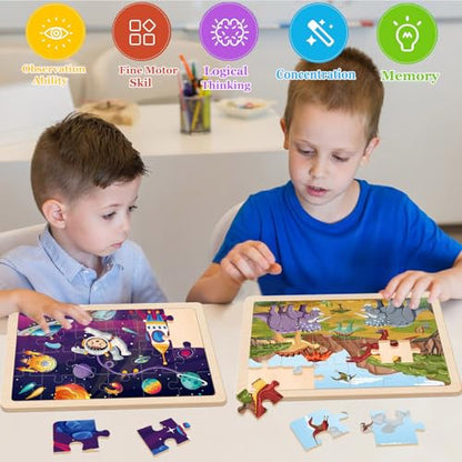 Puzzles for Kids Ages 4-6, 4 Packs 24 Piece Wooden Jigsaw Puzzle for Toddlers 3-5, Preschool Educational Toys Gifts for Boys and Girls - color: Dinosaurs Space