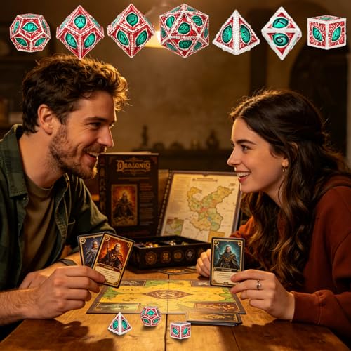 Metal Dice Set, Dragon Eye Theme, 7pcs Polyhedral Metal DND Dice Set, DND Starter Set, D&D Gifts with Gift Bag, Role Playing Board Games Accessories, Silver Red Green - color: Silver Red Green With Gift Bag