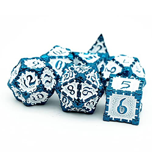 Cusdie 7pcs Metal DND Dice with Tin Box, Dagger Design Polyhedral Die Set, for Role Playing Game D&D Dice Pathfinder (Blue White) - color: Blue White