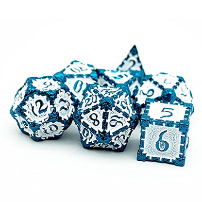 Cusdie 7pcs Metal DND Dice with Tin Box, Dagger Design Polyhedral Die Set, for Role Playing Game D&D Dice Pathfinder (Blue White) - color: Blue White