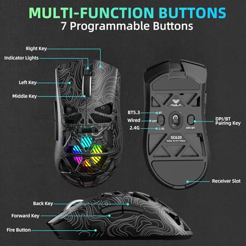 Aula SC620 Wireless Gaming Mouse, Tri-Mode 2.4GHz/USB-C/BT5.3 Computer Mouse with 12000 DPI, Programmable Macro Gamer Mouse with Rapid Fire Key, RGB Light Gaming Mice for PC/Laptop/Mac - color: Line Black