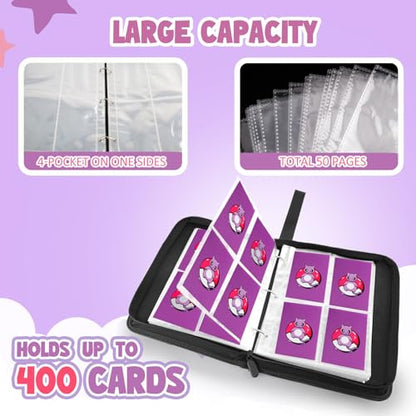 Collectible Trading Card Albums, 400 Card Holders with 50 Removable Sleeves, Portable 4 Pockets Collectible Trading Card Binder, PU Card Collection Binder for MTG, TCG, Sport Card, Game Cards - color: Purple Super Dream