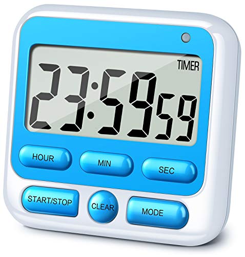 4-in-1 Digital Timer with Count Up/Down, Clock & Alarm, Ring & Silent Modes | Large 2.8-Inch easy-read LCD, On/Off switch, 24-Hour count up/down, Fast-forward function, Magnetic back, stand, hanging hole - color: Blue