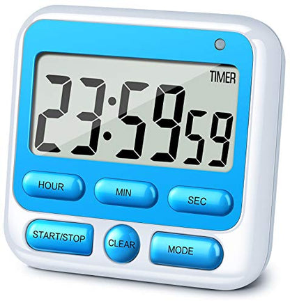 4-in-1 Digital Timer with Count Up/Down, Clock & Alarm, Ring & Silent Modes | Large 2.8-Inch easy-read LCD, On/Off switch, 24-Hour count up/down, Fast-forward function, Magnetic back, stand, hanging hole - color: Blue