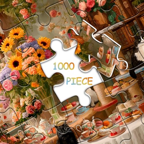 Cat Puzzles for Adults 1000 Pieces, Kitty Coffee Cake Flower Puzzle, Floral Kitten Animal Jigsaw Puzzles, Cozy Coffee Shop Wall Decor - style: Cozy Cat Cafe puzzle