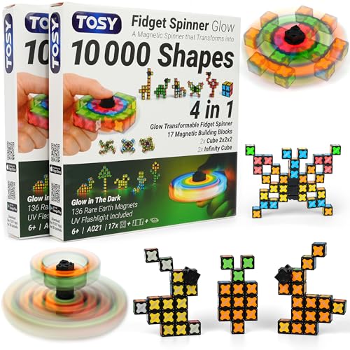 TOSY Magnet Fidget Spinner Glow - 16 Blocks, 3 in 1 Toy: Transformable Fidget Spinner, Infinity Cube, 2x2 Puzzle Cube, Glow, STEM/STEAM Magnet Tiles Birthday Gift for Kids/Boys/Girls/Adults, 2-Pack - color: Glow B (Set of 2)