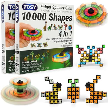 TOSY Magnet Fidget Spinner Glow - 16 Blocks, 3 in 1 Toy: Transformable Fidget Spinner, Infinity Cube, 2x2 Puzzle Cube, Glow, STEM/STEAM Magnet Tiles Birthday Gift for Kids/Boys/Girls/Adults, 2-Pack - color: Glow B (Set of 2)