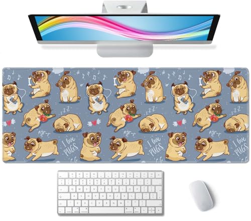 Gaming Mouse Pad Large,Cartoon Pug Pupies Mouse Pad Gaming Mouse Mat Desk Pad,31.5 x 11.8 Desk Mat Mouse Pads for Desk,Extended Keyboard Mousepad with Non-Slip Base and Stitched Edge - color: Cartoon Pug Pupies