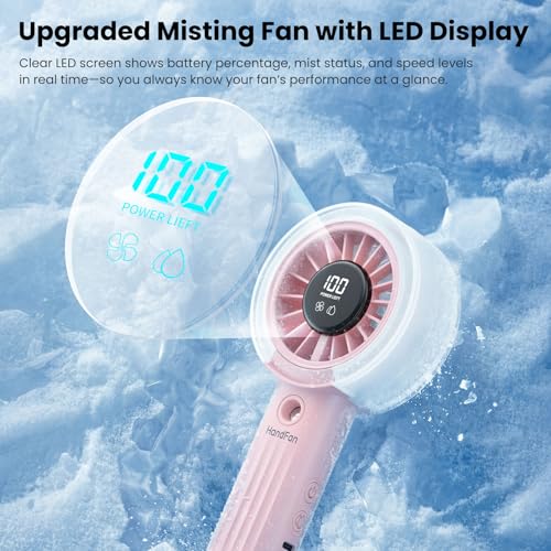 HandFan Upgraded Misting Fan with LED Display – Extreme Cooling Portable Handheld Fan with Water Mist Spray, 50% Stronger Airflow & Quieter, Personal Mister for Travel/Park/Disney/Beach/Concert/Game - color: Blush Pink