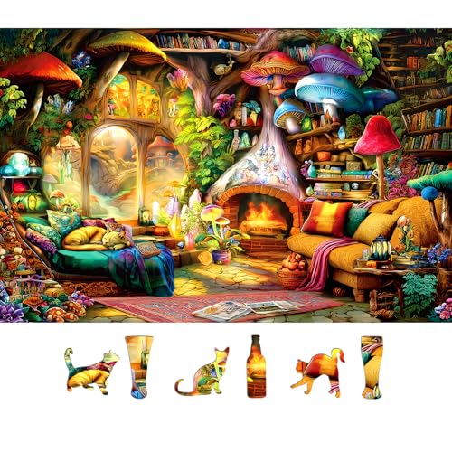 Fantasy Mushroom House Jigsaw Puzzle, 500 Pieces, Cozy Interior Scene with Fireplace - color: Mushroom House-colorful