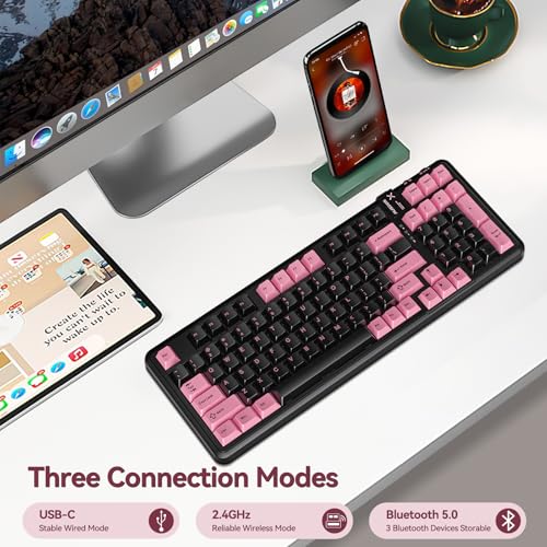 AUSDOM 98Pro Wireless Mechanical Keyboard, Tri-Mode BT/2.4GHz/USB-C Hot Swappable Custom Gaming Keyboard with Backlit, Gasket Structure, Linear Switches for Windows/Mac/PC (Clicky Sound) - color: Pink