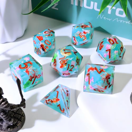 XENOLUX Polyhedral Resin DND Dice Set - Sharp Edge RPG Dice with Koi Fish and Lotus Inclusions, Cyan Tabletop Board Games Accessories in Tin Box for Dungeons and Dragons (L23) - color: L23