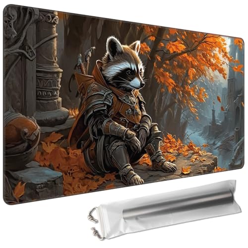 MTG Playmat 24 x 14in Includes Storage Bag,TCG Playmat with Soft Surface Premium Non-Slip Rubber Backing Stitched Edges Durable Gaming Mat,Raccoon Knight - color: Raccoon Knight, size: 24"×14"Regular