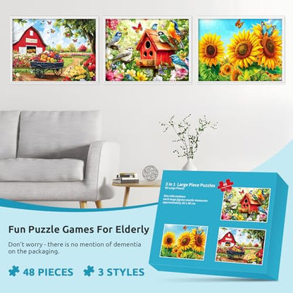 3 Pack 48 Large Piece Puzzles for Seniors, Dementia Alzheimer's Products Activities for Elderly Adults,Alzheimer’s Puzzle Memory Cognitive Games Easy Jigsaw Puzzle Gifts with 3 Storage Bags - style: 48 Large Pieces
