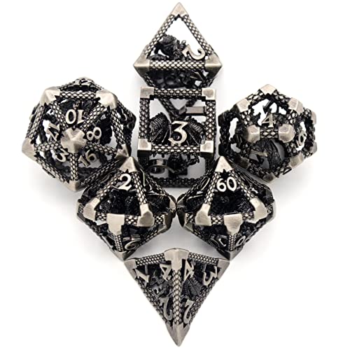 Hollow Dragon Dice Set,7-Piece Metal DND Dice,Silver | Lightweight Copper 3D Hollow polyhedral dice with clear numbers,gift box and velvet bag for DND players and collectors. - color: 3d-sliver
