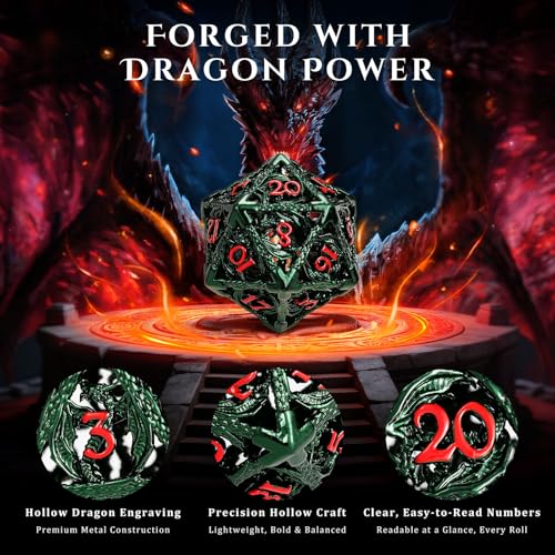 MoKo Dragon Hollow Metal DND Dice Set, Green+Red | 7 Pcs Polyhedral, D20 D12 D10 D8 D6 D4, For Dungeons and Dragons RPG Games, With Gift Box - color: 4 - Dark Green+red