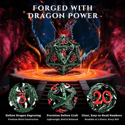 MoKo Dragon Hollow Metal DND Dice Set, Green+Red | 7 Pcs Polyhedral, D20 D12 D10 D8 D6 D4, For Dungeons and Dragons RPG Games, With Gift Box - color: 4 - Dark Green+red