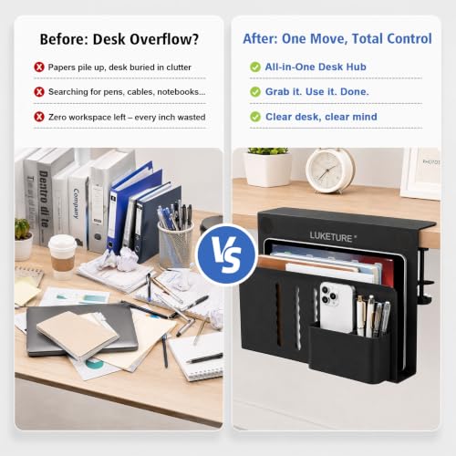 LUKETURE Desk Side Storage, Steel Side Desk Organizer, No Drill Laptop Holder, Clamp on Laptop Mount with Pen Holder, Table Hanging Storage for Home Office, Fits Flat Edge Tables 0.3" to 2.8" | Steel Side Desk Organizer, Clamp on Laptop Mount with Pen Hol