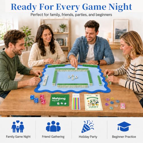 Complete Mahjong Mat Set, 32.4"x32.4" Blue Scalloped Edge Table Cover, Non-Slip & Noise Reduction Gaming Mat with Carrying Bag, Rules, Chips, Wind Marker for Poker & Board Games - color: Blue-set