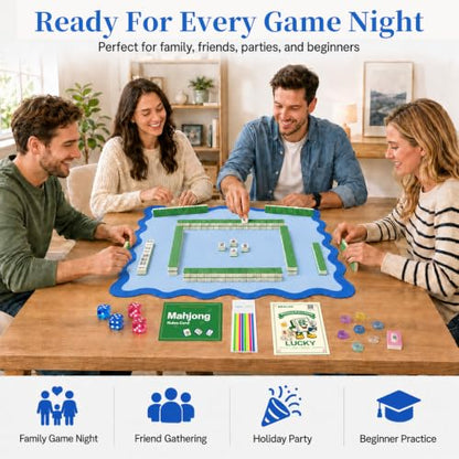 Complete Mahjong Mat Set, 32.4"x32.4" Blue Scalloped Edge Table Cover, Non-Slip & Noise Reduction Gaming Mat with Carrying Bag, Rules, Chips, Wind Marker for Poker & Board Games - color: Blue-set