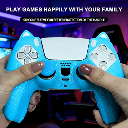 Blue Cat Glitter Anti-Slip Protective Silicone Cover Skin Grips Compatible with PS5/Slim/Pro Controller,8 PCS Glitter Thumb Grips Caps and 2 Paw Grips Caps. (Cat Blue) - color: Cat Blue