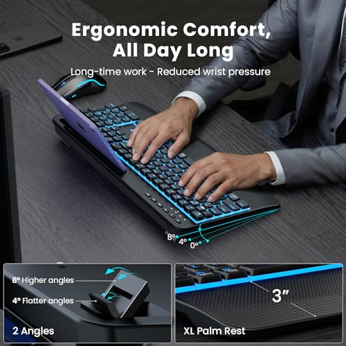 SABLUTE Wireless Keyboard and Mouse Combo, Rechargeable 4000mAh Light up Quiet Keyboard with Wrist Rest & Phone Holder, Ergonomic Silent Typing for PC/Mac/Laptop/Windows/Chrome OS - color: Black A