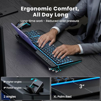 SABLUTE Wireless Keyboard and Mouse Combo, Rechargeable 4000mAh Light up Quiet Keyboard with Wrist Rest & Phone Holder, Ergonomic Silent Typing for PC/Mac/Laptop/Windows/Chrome OS - color: Black A