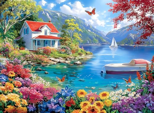 500 Piece Puzzle for Adults – Lake House Landscape Jigsaw Puzzle for Adults & Seniors – Eco-Friendly Recycled Paper – Fun & Challenging Family Game Gift for Friends and Family (20.5 x 15 in) - style: Lake Scenery