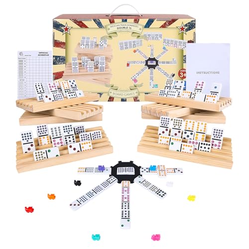 Mexican Train Dominoes Set Double 15, Dominoes Set for Adults and Family, Colored Dot - 136 Tiles in Tin Box, 9 Trains, Hub, 8PCS Wooden Trays - color: D15 Dot 8 Holders