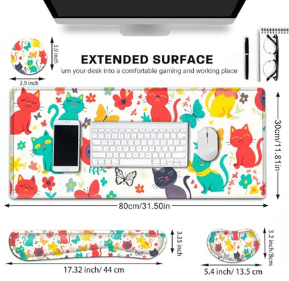 Large Gaming Mouse Pad+ Keyboard Wrist Rest Set, Ergonomics Memory Foam Mouse Mat Wrist Rest Support for Home Office, Waterproof Extended Mousepad 31.5x11.8in, Cute Cartoon Cats White Desk Pad - color: Yvb-mousepad-9-f-162