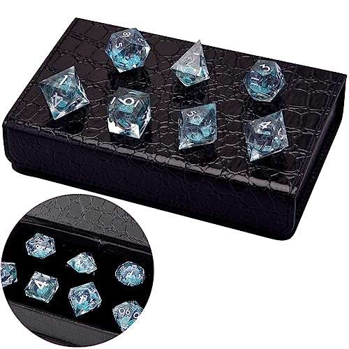 AUSTOR 7-Die DND Dice Set Sharp Edge Resin Dice Handmade Polyhedral Dice for Dungeons and Dragons RPG MTG Table Games（Liquid Quicksand, Light Blue - color: Liquid Quicksand,light Blue