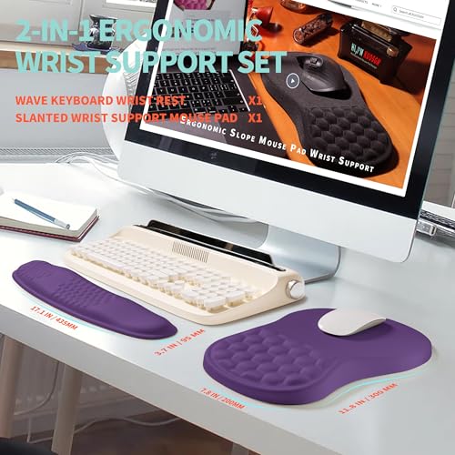 2-in-1 Ergonomic Set, Wave Rise Keyboard Wrist Rest and Massage Bulge Slope Mouse Pad Wrist Support, Cushion Memory Foam Integrated to Relieve Wrist Pain, Dark Purple - color: Dark Purple