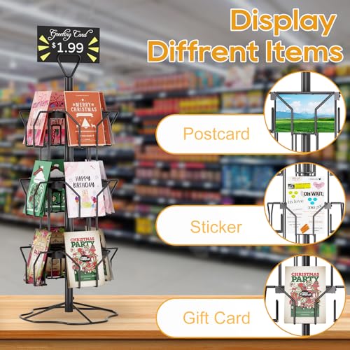 ORLESS Greeting Card Rack Display Stand, 3 Tier Rotating Card Holder Display Retail, 12 Pocket Metal Postcard Holder Display Stand, Greeting Card Holder for Postcards, Brochures, Stickers, Showcase(Black) - color: Black