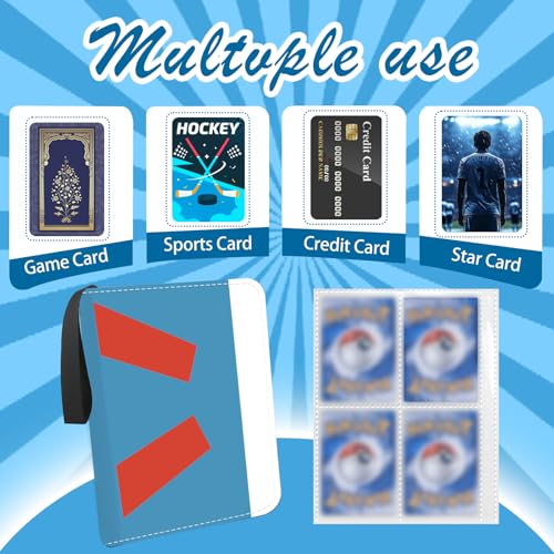 Card Binder 4 Pocket, Small Trading Card Binder holds 400 Card with 50 Removable Sleeves, Favourites Waterproof PU Album with Zipper for TCG, MTG, Gaming Football Sports Cards, Blue - color: Blue