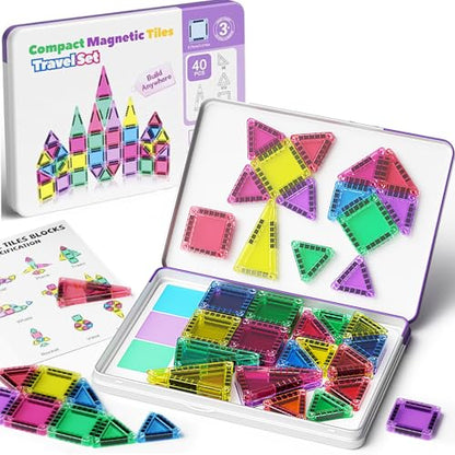 WMDXU Mini Magnetic Tiles Girls: Travel Building Set with Iron Box for 3+ | 42PCS On-the-Go Travel Toy, Strong Magnets Hold Tiles Upside Down without Falling, Iron Box Storage, for Girls 3-8 - style: Mini Magnetic Tiles