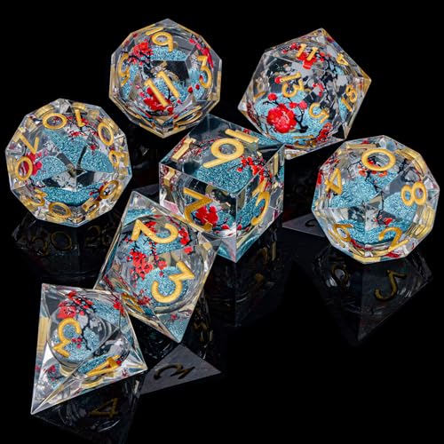 ARUOHHA DND Resin Dice Plum Blossom Liquid Core Dice Golden Blue Sharp Edged Polyhedral Dragons Dice Set with Gift Box, Dungeons D and D Dice Role Playing Game D20 D12 D10 D8 D6 D4 - color: Flower&golden Blue