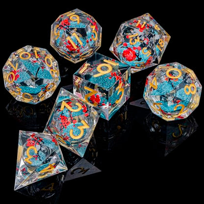 ARUOHHA DND Resin Dice Plum Blossom Liquid Core Dice Golden Blue Sharp Edged Polyhedral Dragons Dice Set with Gift Box, Dungeons D and D Dice Role Playing Game D20 D12 D10 D8 D6 D4 - color: Flower&golden Blue