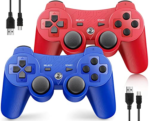 OKHAHA Controller 2 Pack for PS3 Wireless Controller for Sony Playstation 3, Double Shock 3, Bluetooth, Rechargeable, Motion Sensor, Remote for PS3 (With Stripes(Blue + Red)) - color: With Stripes(Blue + Red)